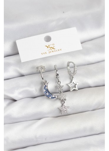 Erb Pirinç Gümüş Renk Zirkon Taşlı Ay Ve Yıldız Model YSX Trio Küpe Seti