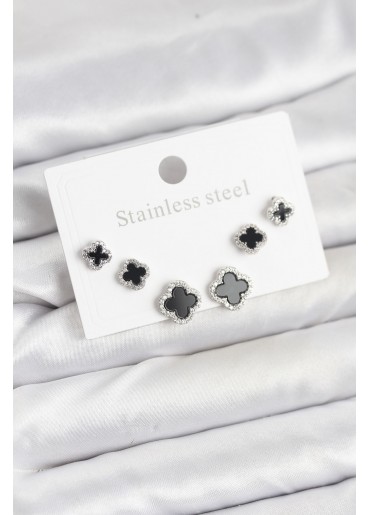 Erb 316L Çelik Gümüş Renk Zirkon Taşlı Yonca Model Kadın Küpe Seti