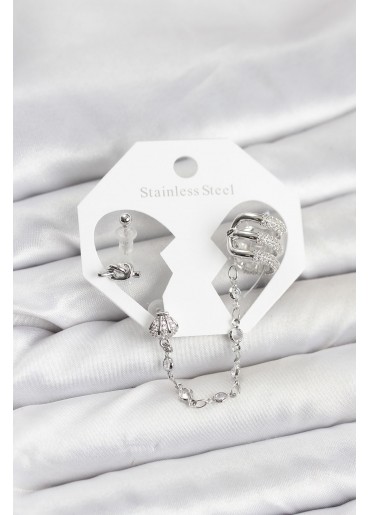 Erb Pirinç Gümüş Renk Sarmal Model Zincir Bağlantılı Ear Cuff Küpe Seti