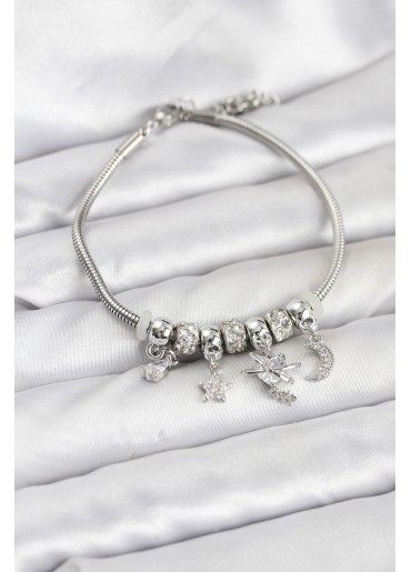 Erb Pirinç Gümüş Renk Kalpli Model Charmlı Kadın Bileklik