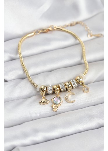 Erb Pirinç Gold Renk Uzay Tema Charmlı Kadın Bileklik