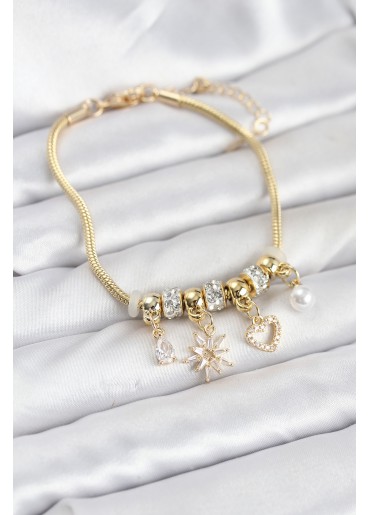 Erb Pirinç Gold Renk Kutup Yıldızı Ve Kalp Charmlı Kadın Bileklik