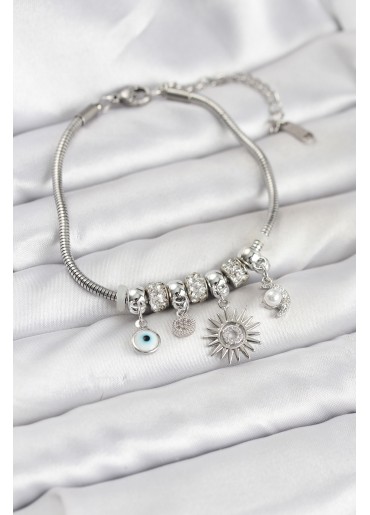 Erb Pirinç Gümüş Renk Güneş Charmlı Kadın Bileklik