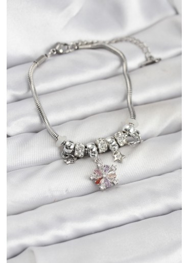 Erb Pirinç Gümüş Renk Renkli Yıldız Charmlı Kadın Bileklik