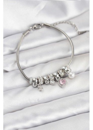 Erb Pirinç Gümüş Renk Pembe Kalp Charmlı Kadın Bileklik