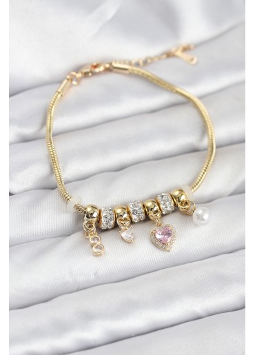 Erb Pirinç Gold Renk Pembe Kalp Charmlı Kadın Bileklik