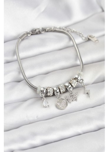 Erb Pirinç Gümüş Renk Kelebek Charmlı Kadın Bileklik