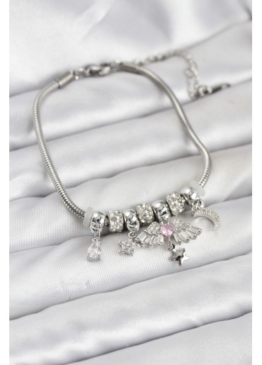 Erb Pirinç Gümüş Renk Kanatlı Charmlı Kadın Bileklik