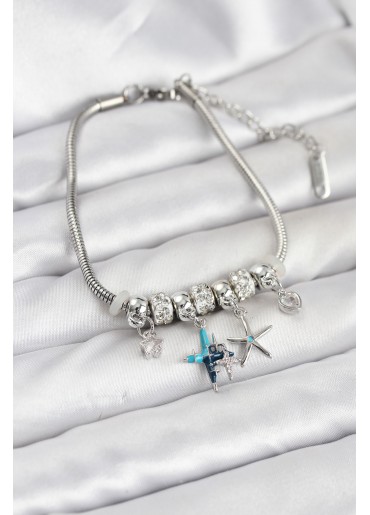Erb Pirinç Gümüş Renk Yıldız Model Charmlı Kadın Bileklik