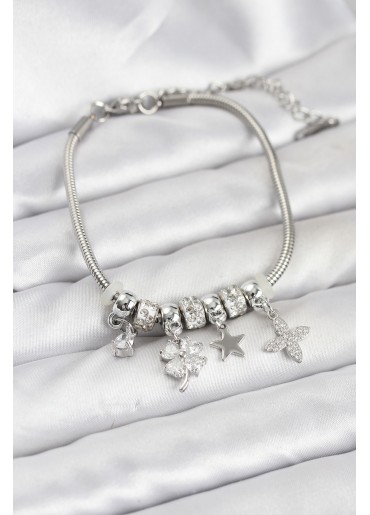 Erb Gümüş Renk Pirinç Yonca Charmlı Kadın Bileklik