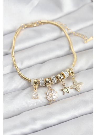 Erb Gold Renk Pirinç Yonca Charmlı Kadın Bileklik