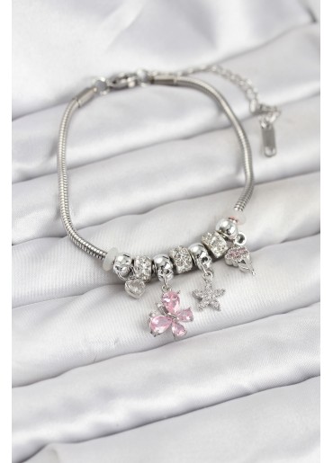 Erb Pirinç Gümüş Renk Pembe Kelebek Charmlı Kadın Bileklik