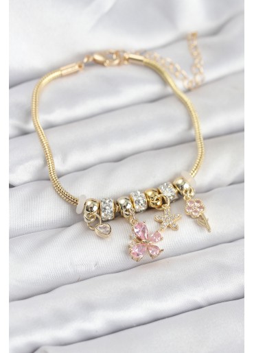Erb Pirinç Gold Renk Pembe Kelebek Charmlı Kadın Bileklik