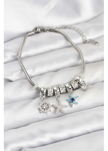 Erb Pirinç Gümüş Renk Deniz Tema Charmlı Kadın Bileklik