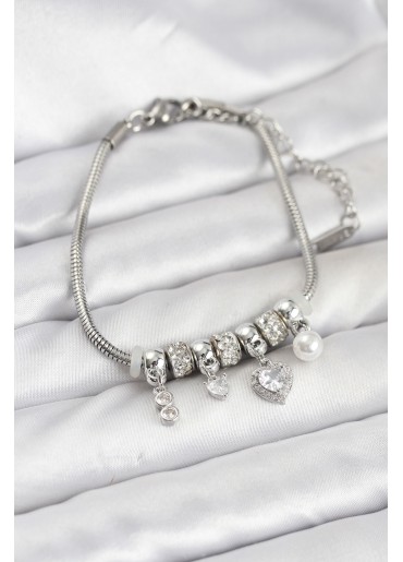 Erb Pirinç Gümüş Renk Kalp Charmlı Kadın Bileklik