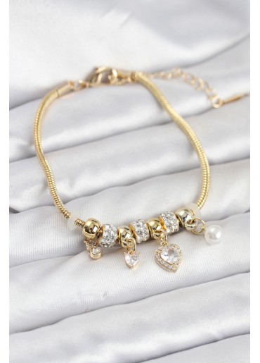 Erb Pirinç Gold Renk Kalp Charmlı Kadın Bileklik