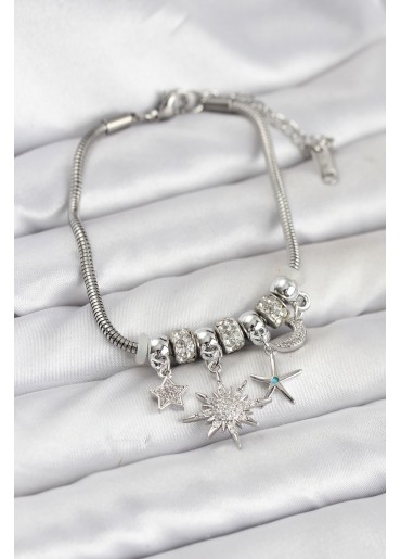 Erb Pirinç Gümüş Renk Güneş Tema Charmlı Kadın Bileklik