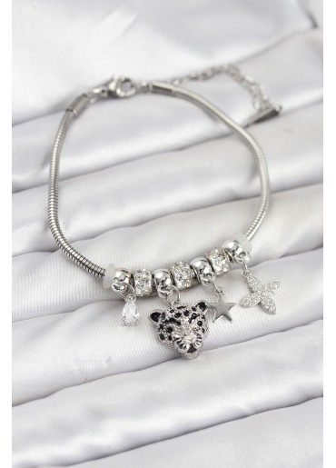 Erb Pirinç Gümüş Renk Kaplan Model Charmlı Kadın Bileklik