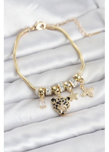 Erb Pirinç Gold Renk Kaplan Model Charmlı Kadın Bileklik