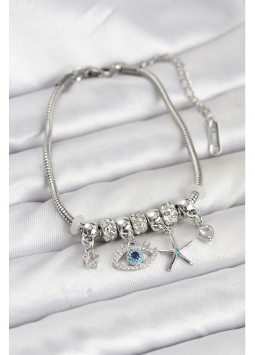 Erb Pirinç Gümüş Renk Göz Model Charmlı Kadın Bileklik