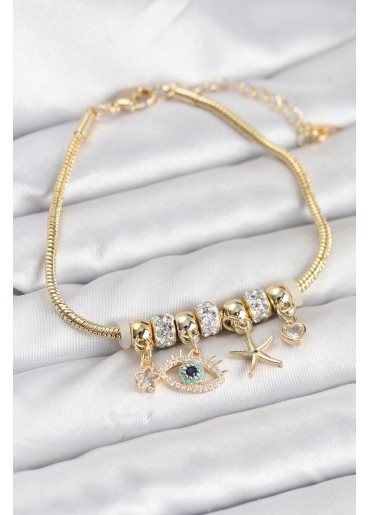 Erb Pirinç Gold Renk Göz Model Charmlı Kadın Bileklik