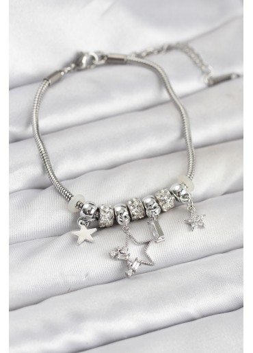 Erb Gümüş Renk Pirinç Yıldız Model Charmlı Kadın Bileklik