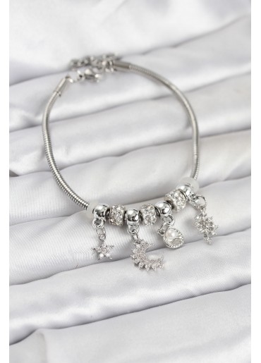 Erb Pirinç Gümüş Renk Ay Charm Model Charmlı Kadın Bileklik