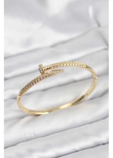 Erb Pirinç Gold Renk Zirkon Taşlı Çivi Model Kadın Kelepçe Bileklik