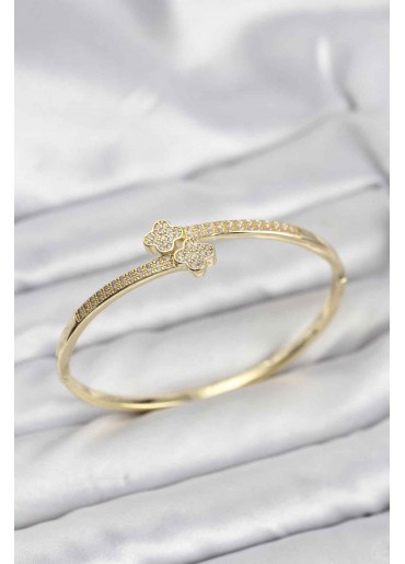 Erb Pirinç Gold Renk Zirkon Taşlı Yonca Model Kadın Kelepçe Bileklik