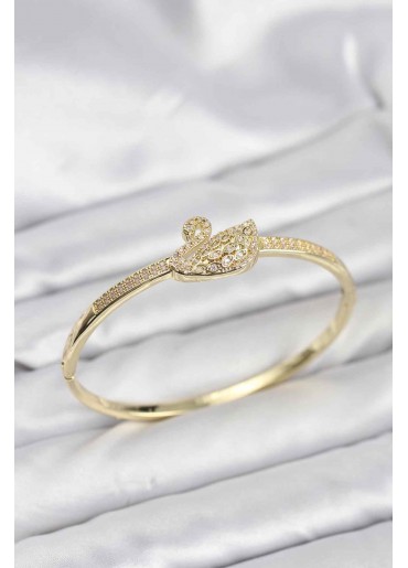 Erb Pirinç Gold Renk Zirkon Taşlı Kuğu Model Kadın Kelepçe Bileklik