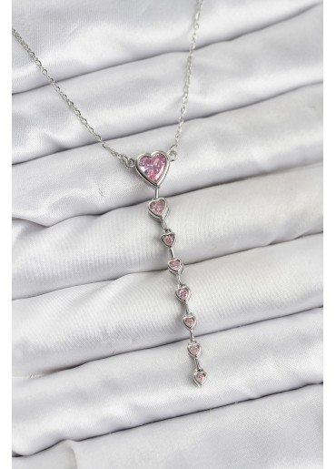 Erb 316L Çelik Zincir Gümüş Renk Pembe Kalp Kadın Kolye