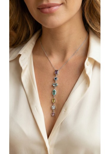 Erb Pirinç Renkli Zirkon Taşlı Model Gümüş Renk 7 Element Kadın Y Kolye