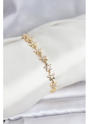 Erb Pirinç Gold Renk VIP Seri Sıralı Taşlı Yıldız Model Zirkon Taşlı Kadın Bileklik