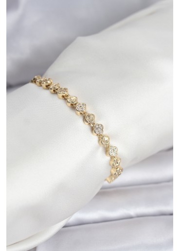 Erb Pirinç Gold Renk VIP Seri Sıralı Yonca Model Zirkon Taşlı Kadın Bileklik