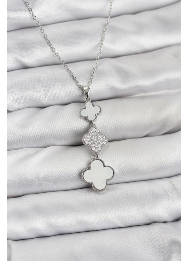Erb 316L Çelik Zincir Gümüş Renk Yonca Detaylı Zirkon Taşlı Kadın Kolye