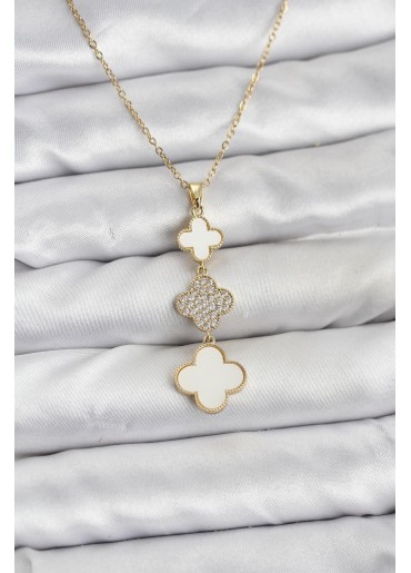 Erb 316L Çelik Zincir Gold Renk Yonca Detaylı Zirkon Taşlı Kadın Kolye