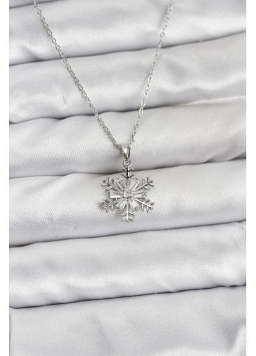 Erb 316L Çelik Zincir Gümüş Renk Kar Tanesi Model Zirkon Taşlı Kadın Kolye