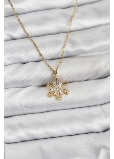 Erb 316L Çelik Zincir Gold Renk Kar Tanesi Model Zirkon Taşlı Kadın Kolye
