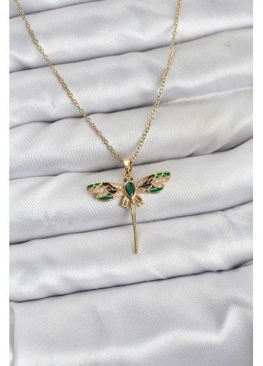 Erb 316L Çelik Zincir Gold Renk Yusufçuk Model Zirkon Taşlı Kadın Kolye