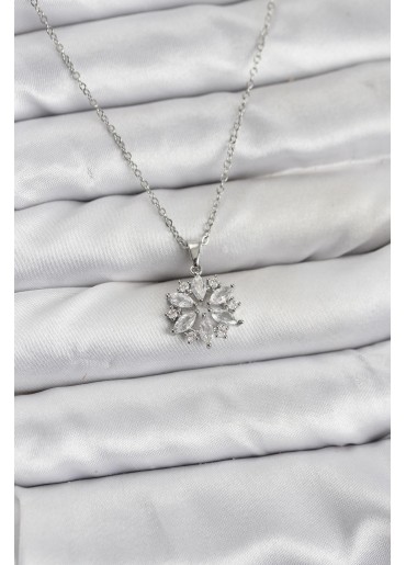 Erb 316L Çelik Zincir Gümüş Renk Lotus Model Zirkon Taşlı Kadın Kolye