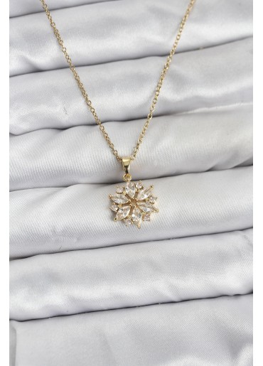 Erb 316L Çelik Zincir Gold Renk Lotus Model Zirkon Taşlı Kadın Kolye