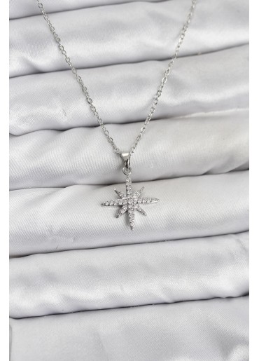 Erb 316L Çelik Zincir Gümüş Renk Kutup Yıldızı Model Zirkon Taşlı Kadın Kolye
