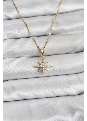 Erb 316L Çelik Zincir Gold Renk Kutup Yıldızı Model Zirkon Taşlı Kadın Kolye