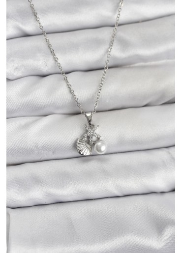 Erb 316L Çelik Zincir Gümüş Renk Deniz Kabuğu Ve Deniz Yıldızı Model Zirkon Taşlı Kadın Kolye