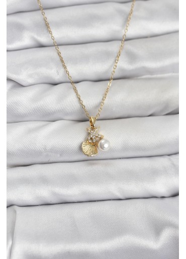 Erb 316L Çelik Zincir Gold Renk Deniz Kabuğu Ve Deniz Yıldızı Model Zirkon Taşlı Kadın Kolye