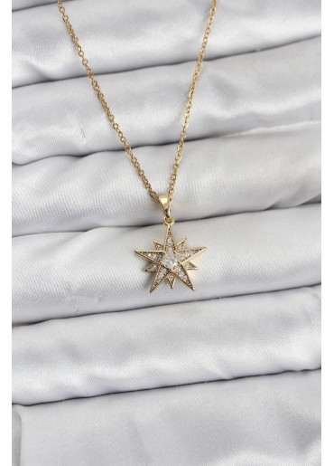 Erb 316L Çelik Zincir Gold Renk Yıldız Model Zirkon Taşlı Kadın Kolye