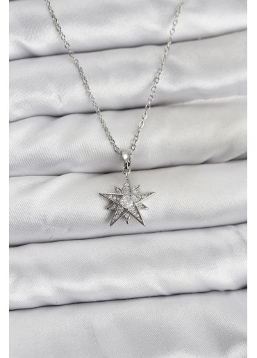 Erb 316L Çelik Zincir Gümüş Renk Yıldız Model Zirkon Taşlı Kadın Kolye