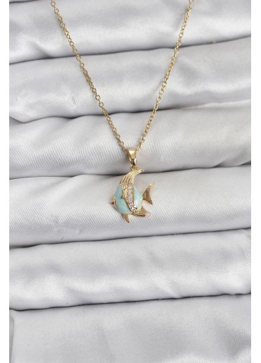 Erb 316L Çelik Zincir Gold Renk Balık Model Zirkon Taşlı Kadın Kolye
