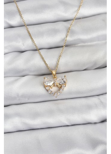 Erb 316L Çelik Zincir Gold Renk Kalp Ve Fiyonk Model Zirkon Taşlı Kadın Kolye