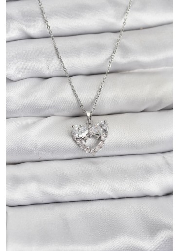 Erb 316L Çelik Zincir Gümüş Renk Kalp Ve Fiyonk Model Zirkon Taşlı Kadın Kolye